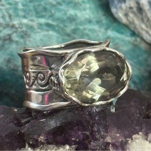 Green amethyst wideband sterling silver ring